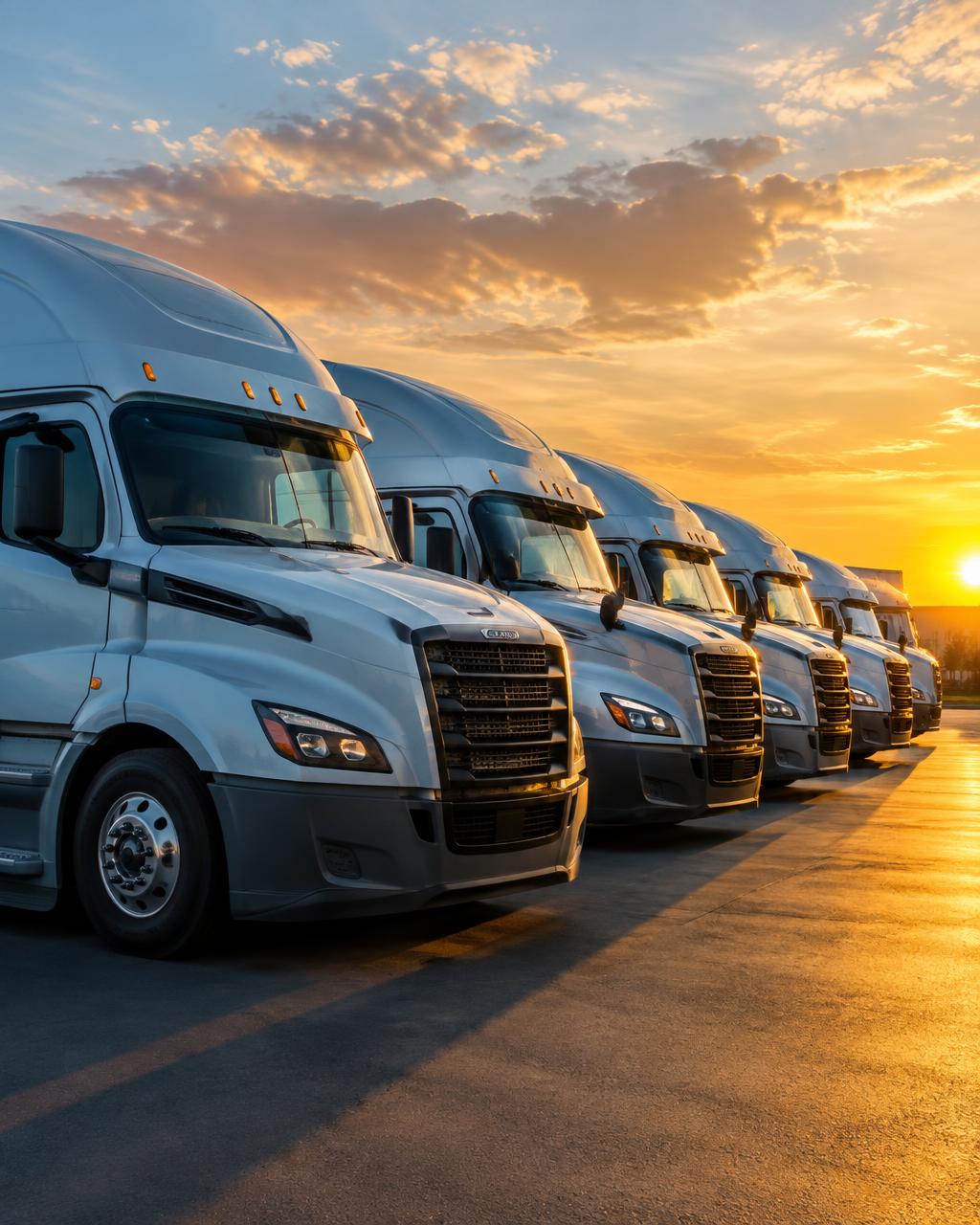 A modern semi-truck fleet lined up at a logistics yard at sunrise