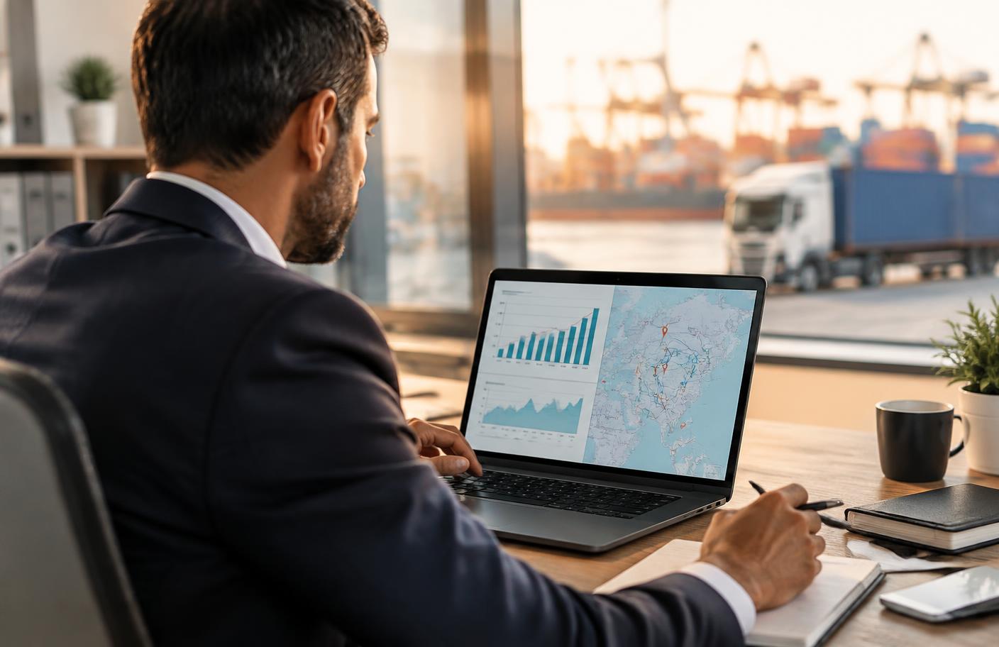 A marketing strategist reviewing freight growth analytics and route maps